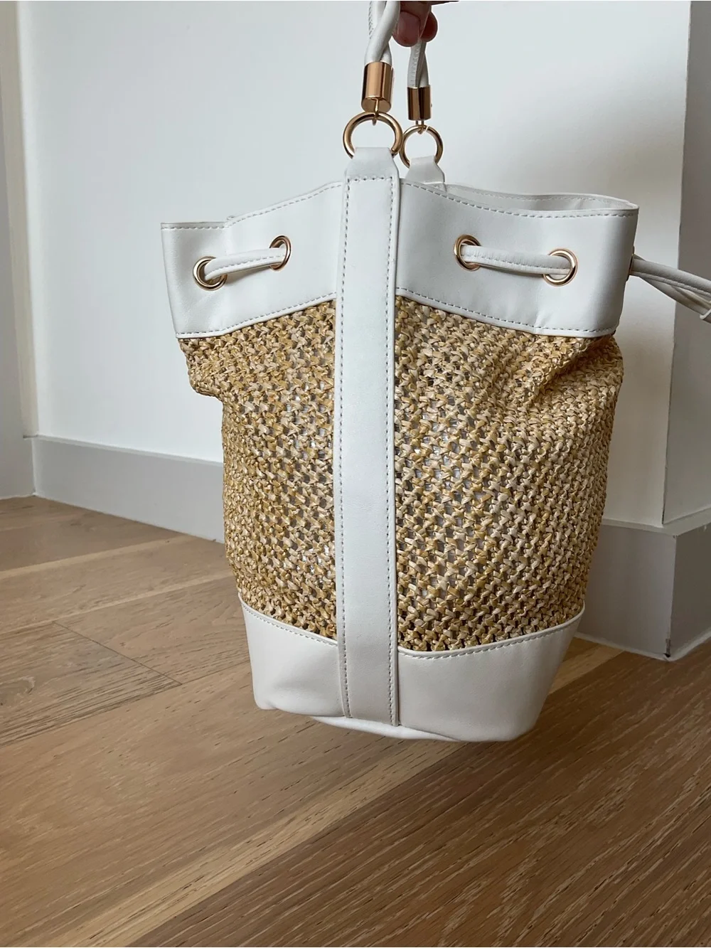 Saks Fifth Avenue White and Natural Woven Drawstring Bucket Bag